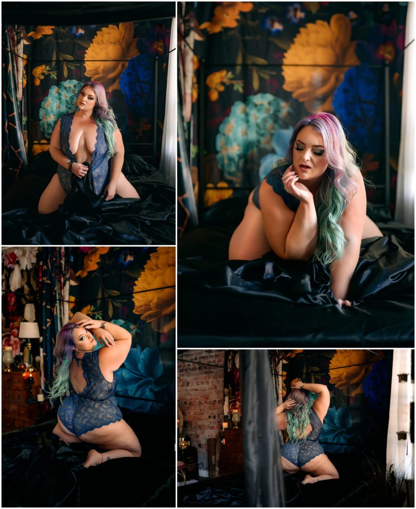 plus size woman in lingerie with mermaid hair on bed, fort worth boudoir, dallas boudoir photographer, colleyville boudoir photography, intimate photography, dfw boudoir photography studio