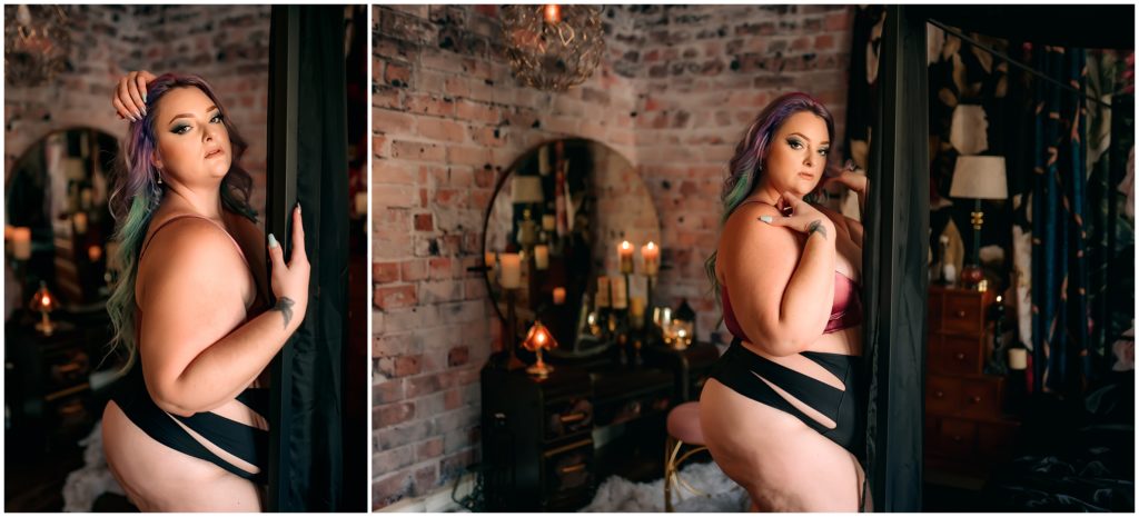 plus size woman in lingerie with mermaid hair standing by vanity, fort worth boudoir, dallas boudoir photographer, colleyville boudoir photography, intimate photography, dfw boudoir photography studio