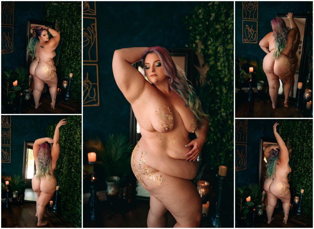 nude plus size woman with mermaid hair in gold foil, fort worth boudoir, dallas boudoir photographer, colleyville boudoir photography, intimate photography, dfw boudoir photography studio