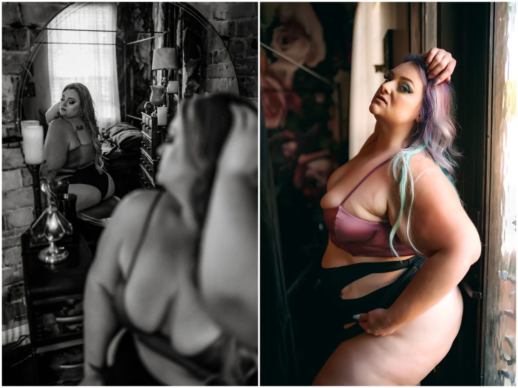 plus size woman in lingerie with mermaid hair sitting by vanity, fort worth boudoir, dallas boudoir photographer, colleyville boudoir photography, intimate photography, dfw boudoir photography studio