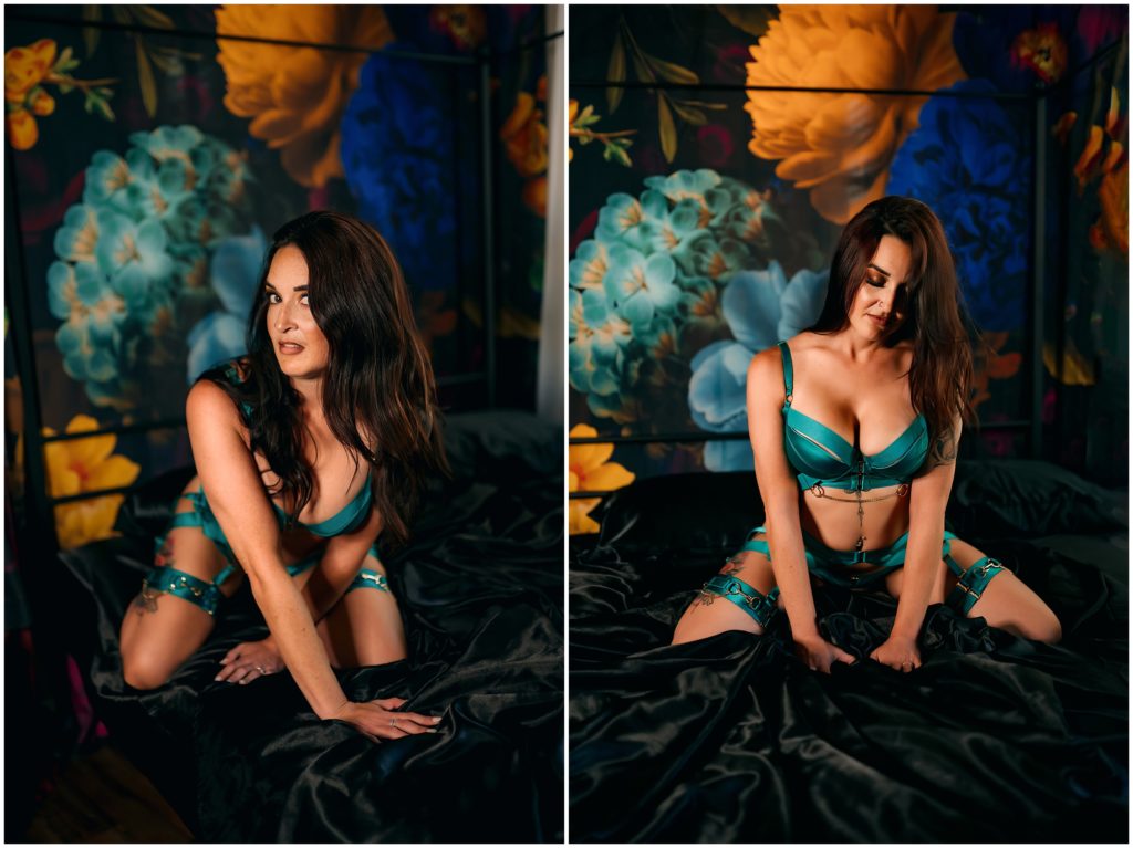 brunette woman in lingerie on bed teal yellow florals, fort worth boudoir, dallas boudoir photographer, colleyville boudoir photography, intimate photography, dfw boudoir photography studio