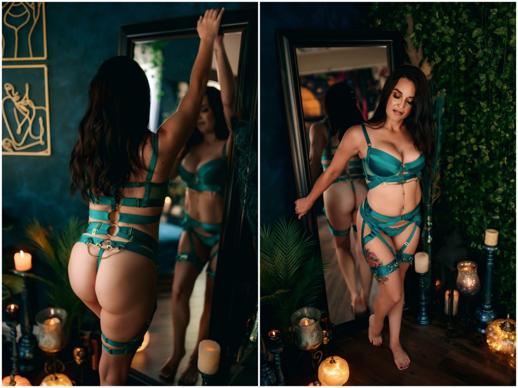 brunette woman in teal lingerie in front of mirror, fort worth boudoir, dallas boudoir photographer, colleyville boudoir photography, intimate photography, dfw boudoir photography studio