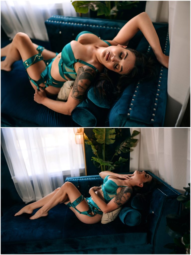 brunette woman in teal lingerie on couch, fort worth boudoir, dallas boudoir photographer, colleyville boudoir photography, intimate photography, dfw boudoir photography studio