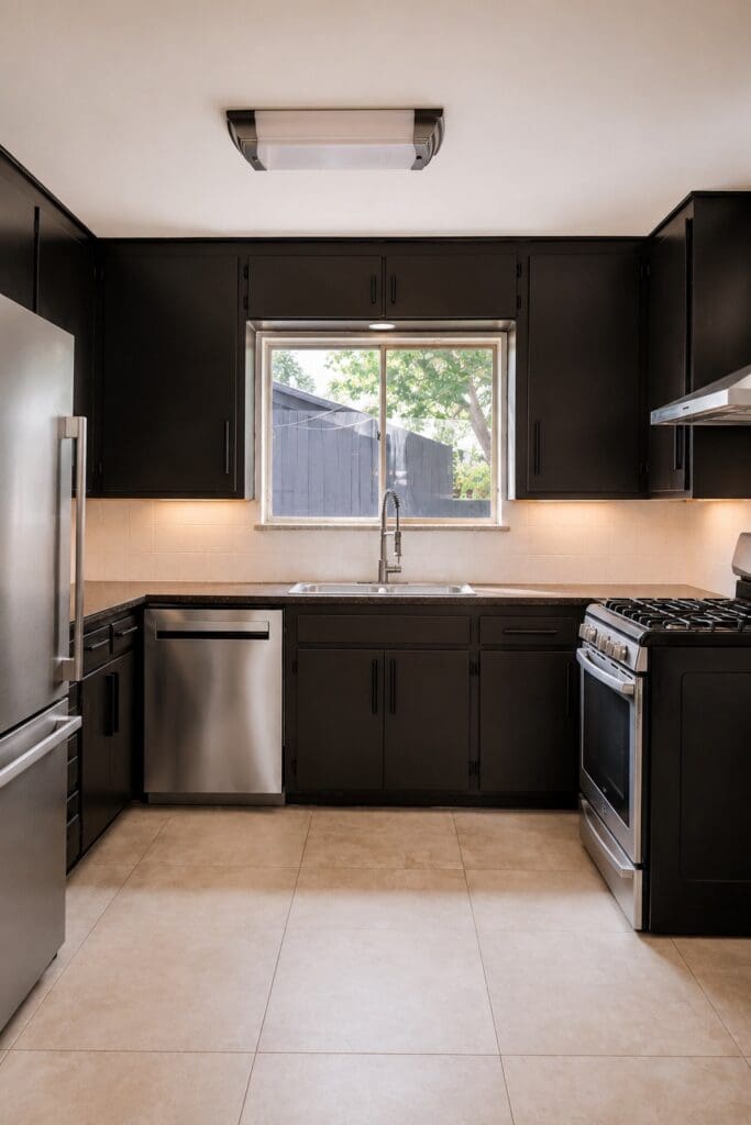 Modern black and white kitchen boudoir photography set inside a Fort Worth Texas boudoir studio.