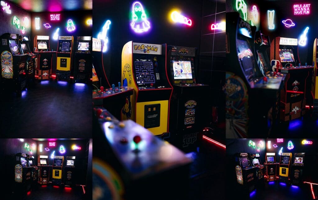 Neon arcade boudoir photography set at Lanora Ronée Photography in Fort Worth Texas with arcade games and colorful neon lights
