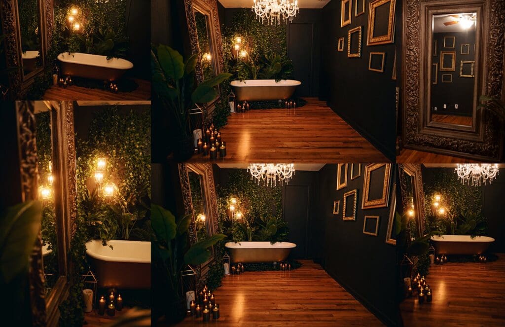 Moody black and gold boudoir set in Fort Worth with antique tub, crystal chandelier, greenery, candles and ornate mirror.