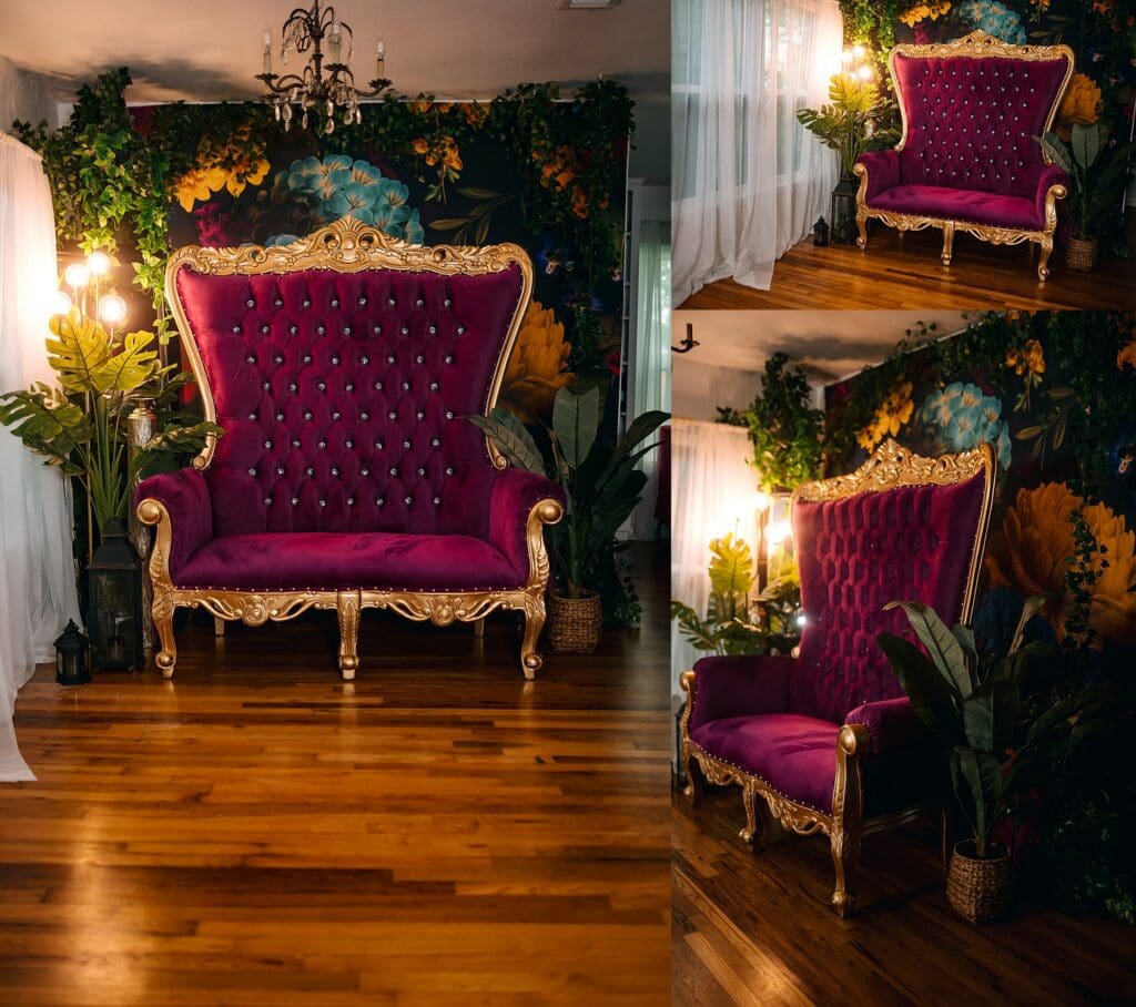 Magenta and gold velvet throne surrounded by florals and greenery in a Fort Worth boudoir photography studio.